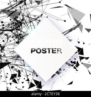 Black Geometric Polygonal Abstract Explosion with polygonal triangles, rounds, lines. Square paper cut art frame for text. Future Technology Template Stock Vector