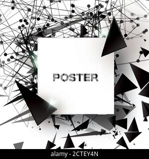 Black Geometric Polygonal Abstract Explosion with polygonal triangles, rounds, lines. Square paper cut art frame for text. Future Technology Template Stock Vector