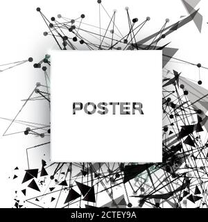 Black Geometric Polygonal Abstract Explosion with polygonal triangles, rounds, lines. Square paper cut art frame for text. Future Technology Template Stock Vector