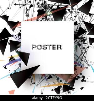 Black Geometric Polygonal Abstract Explosion with polygonal triangles, rounds, lines. Square paper cut art frame for text. Future Technology Template Stock Vector