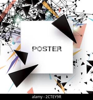 Black Geometric Polygonal Abstract Explosion with polygonal triangles, rounds, lines. Square paper cut art frame for text. Future Technology Template Stock Vector