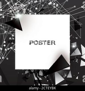 Black Geometric Polygonal Abstract Explosion with polygonal triangles, rounds, lines. Square paper cut art frame for text. Future Technology Template Stock Vector