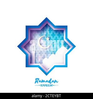 Origami Mosque Star Window Ramadan Kareem Greeting card with arabic arabesque pattern. Paper cut art Crescent Moon. Holy month of muslim. Symbol of Is Stock Vector