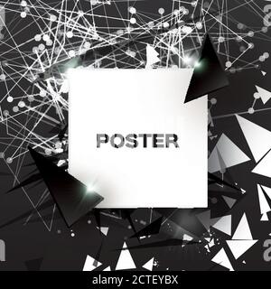 Black Geometric Polygonal Abstract Explosion with polygonal triangles, rounds, lines. Square paper cut art frame for text. Future Technology Template Stock Vector