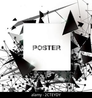 Black Geometric Polygonal Abstract Explosion with polygonal triangles, rounds, lines. Square paper cut art frame for text. Future Technology Template Stock Vector