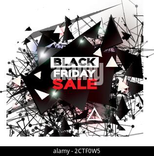 Black Friday Sale. Realistic fiery explosion. Big Sale. Discount. Trendy Geometric elemets and frame in paper cut style. For brochure, flyer. Simple g Stock Vector