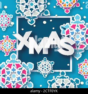 Colorful XMAS Greetings card. Christmas Snowfall. Paper cut snow flake. Happy New Year invitation. Winter snowflakes background. Square frame. Space f Stock Vector