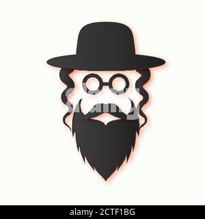 Jewish men in the traditional clothing. Ortodox Jew hat,mustache, glasses, sidelocks and beard. Man concept. Israel people. Black Paper cut style. Vec Stock Vector