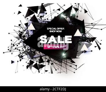 Black Friday Sale. Realistic fiery explosion. Big Sale. Discount. Trendy Geometric elemets and frame in paper cut style. For brochure, flyer. Simple g Stock Vector