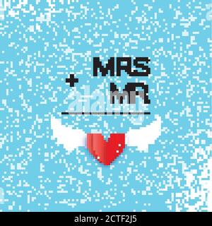 Mr and Mrs words. Mister plus Missis equal love on sky blue. Paper cut Red heart and angel wings. Romantic card For wedding invitations design, table Stock Vector