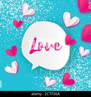 Speech bubbles with Hearts and Love text. Paper cut style. Happy Valentine's Day Greetings Card. Romantic Holidays. Pink background. 14 February. Vect Stock Vector
