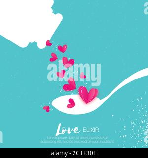 Cute Love elixir. Chemistry of love. Pink Hearts. Test tube with love fluid. Spoon. Romantic card for Happy Valentines Day. Chemical reaction. 14 Febr Stock Vector