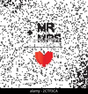 Mr and Mrs words. Mister plus Missis equal love on white. Paper cut Red heart. Romantic card For wedding invitations design, table decoration, cards, Stock Vector