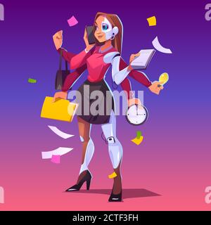 Business woman cyborg with many hands. Multitasking robot, professional assistant with ai. Vector cartoon chatbot character, businesswoman with phone, clock, note pad and bag in arms Stock Vector