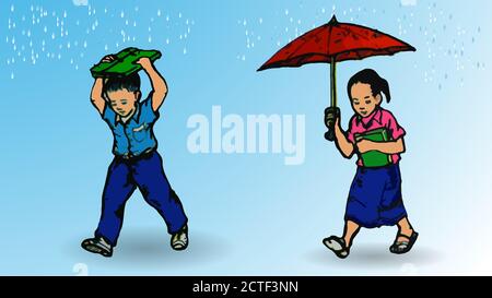 use umbrella when raining,don't use your bag or clothes flat vector Stock Photo