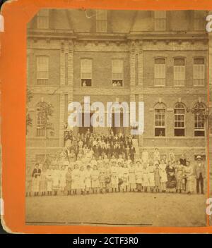 Boys and girls pose with adults on front steps of large brick institutional building., Masterson & Wood, Pennsylvania, Pike County (Pa Stock Photo