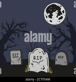 Vector helloween illustration graveyard with spooky forest Stock Vector