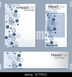 Set flyer, brochure size A4 template,banner. Molecular structure with connected lines and dots. Scientific pattern atom DNA with elements for magazine Stock Vector