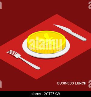 Business lunch concept infographic. Isometric 3d coin with yen sign on plate isolated on white background. Cutlery fork and knife. Stock Vector