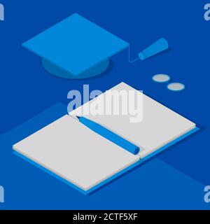 Graduation cap, open book with pen and glasses. Concept - scientific degree, success in science, study. Isometric 3D vector clip art in blue colors. Stock Vector