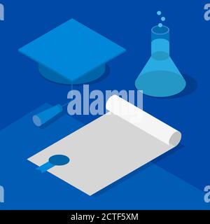 Graduation cap, certificate and flask with chemical liquid. Concept - reception of scientific degree, success in chemistry or other science. Isometric Stock Vector