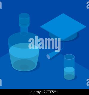 Graduation cap, glass and a bottle. Isometric 3D vector clip art in blue colors. Stock Vector