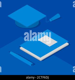 Graduation cap, papers in folder and pen. Concept of academic study or science. Isometric 3D vector clip art in blue colors. Stock Vector