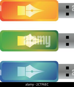USB flash drives, colored portable data storage. With pen sign on case - digital signature concept. Green, orange and blue devices. Isolated on white Stock Vector