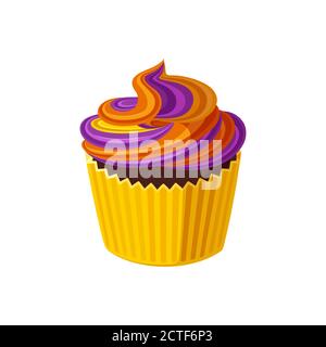 Halloween cupcake with swirled icing. Muffin with purple and orange frosting for Halloween party. Vector illustration in cute cartoon style Stock Vector