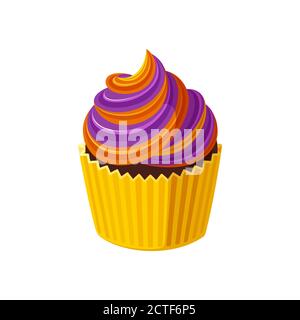 Halloween cupcake with swirled cream. Orange and purple treat for Halloween party. Vector illustration in cute cartoon style Stock Vector