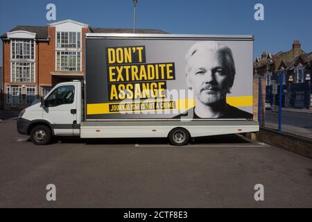 London, England, UK. 21 September 2020.  Don't Extradite Assange billboard © Benjamin John Stock Photo