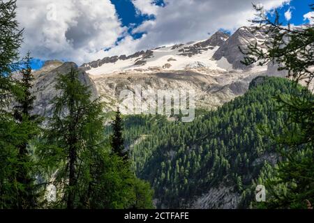 Alpine landscape in the Dolomites, Italy. Glacier Marmolada and Fedaia pass. Stock Photo