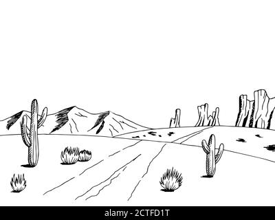 Prairie road graphic art American desert black white landscape sketch illustration vector Stock Vector