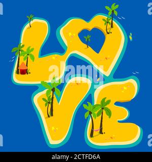 Exotic islands with coconut palm trees forming the word love. Stock Photo