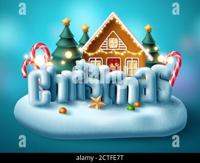 Christmas 3d text vector concept design. Merry christmas typography in island village miniature or giant xmas decoration for holiday season Stock Vector