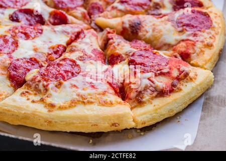 Traditional classic italian pepperoni pizza background texture Stock Photo