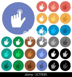 left handed clicking gesture multi colored flat icons on round backgrounds. Included white, light and dark icon variations for hover and active status Stock Vector