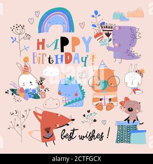 Birthday set with cute animals celebrating holiday Stock Vector