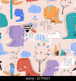 Seamless pattern with cute cartoon dinosaurs on pink background Stock Vector