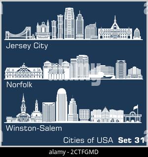 Cities of USA - Jersey City, Norfolk, Winston-Salem. Detailed architecture. Trendy vector illustration. Stock Vector