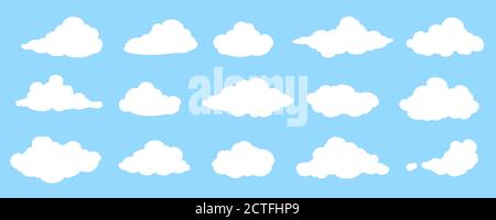 Set of White Flat Cloud Icons Isolated on Blue Background Stock Vector