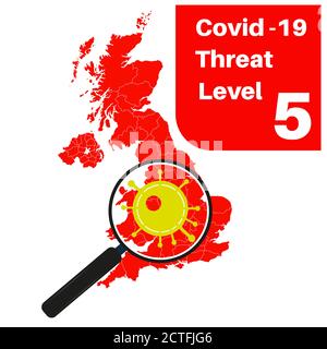 Covid-19 UK Threat Level 5 (Red) with map and magnifying glass Stock Vector