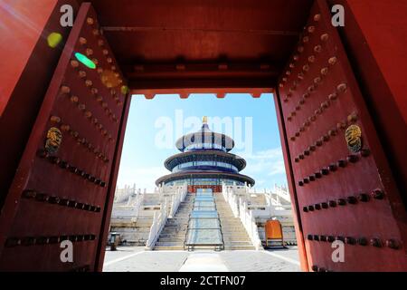 The Hall of Prayer for Good Harvests, the largest building in the Temple of Heaven, an imperial complex of religious buildings, stands under the cryst Stock Photo