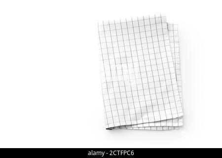 White checkered kitchen napkin isolated on white background. Folded cloth mockup Stock Photo
