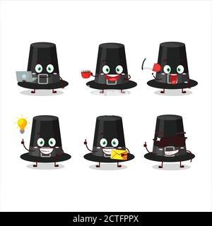 Black pilgrims hat cartoon character with various types of business emoticons Stock Vector