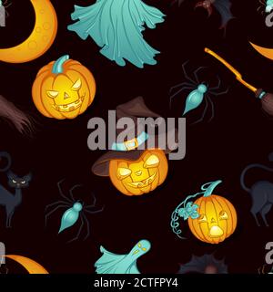 Vector seamless pattern of three Halloween pumpkins Stock Vector