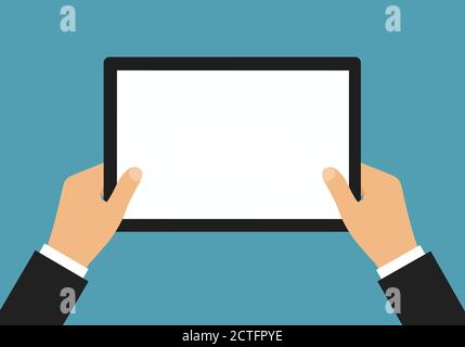 Flat design illustration of manager hands in suit holding tablet with blank white touch screen and space for text - vector Stock Vector