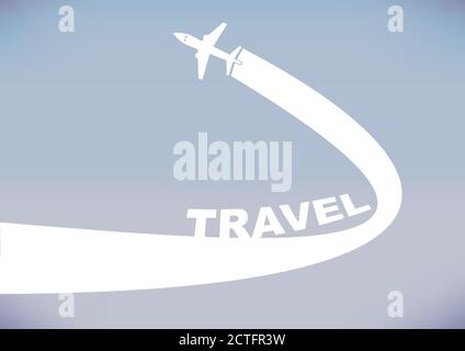 Flying airplane leaving a curve contrail isolated on cloudless evening sky background. Vector illustration with copy space for travel industry. Stock Vector