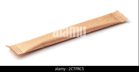 Sugar stick. Sugar in paper kraft packaging. Mock up for design isolated on white background Stock Photo