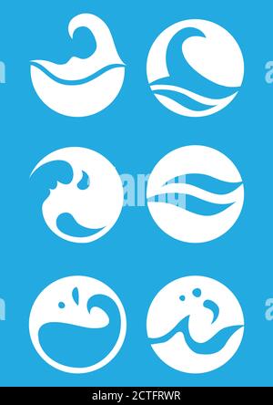 Set of six monotone vector graphic designs of water symbol in white circle isolated on white background. Stock Vector